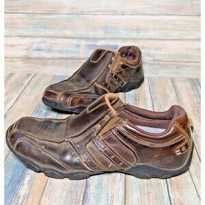 Skechers Brown Leather Slip On Sneakers Size 9.5 Distressed Grunge Comfortcore